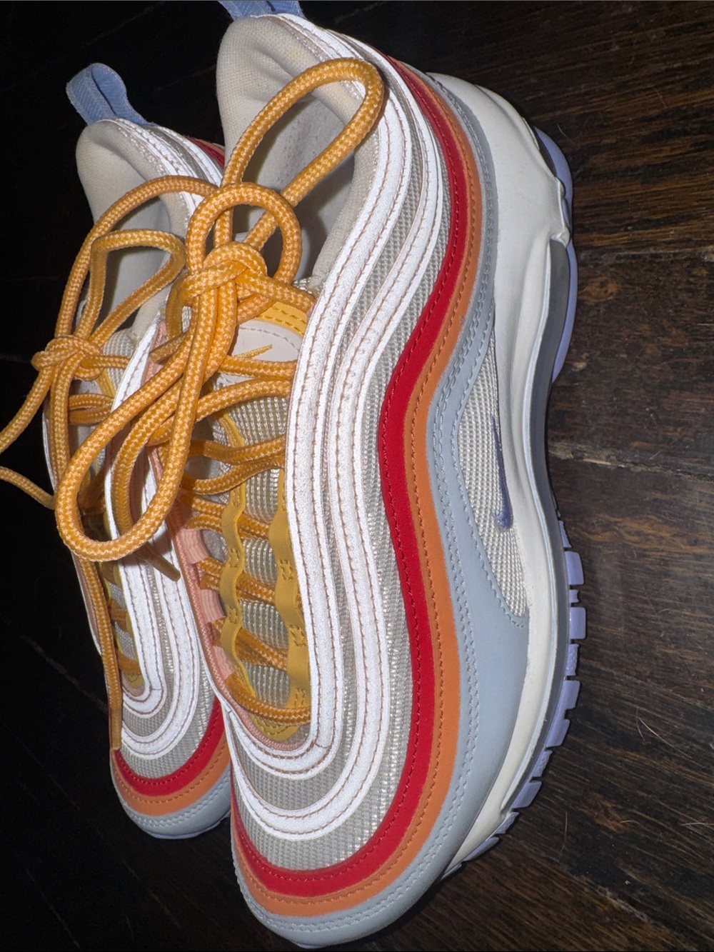 Nike Women’s Air Max 97 Sneakers in White, Red, Orange, Yellow, Light Blue